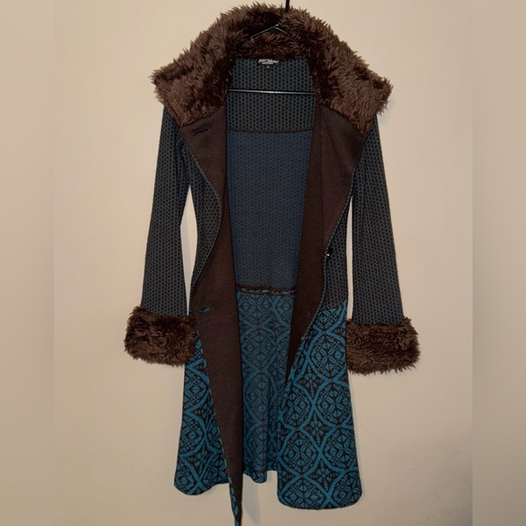 VTG RARE Y2K BetseyJohnson Acrylic Wool FauxFur Trim Retro Print Duster Coat Med - Picture 1 of 6